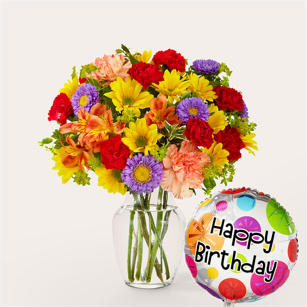 Kaleidoscope Bouquet with Birthday Balloon – Towne Florist, Lumberton NC